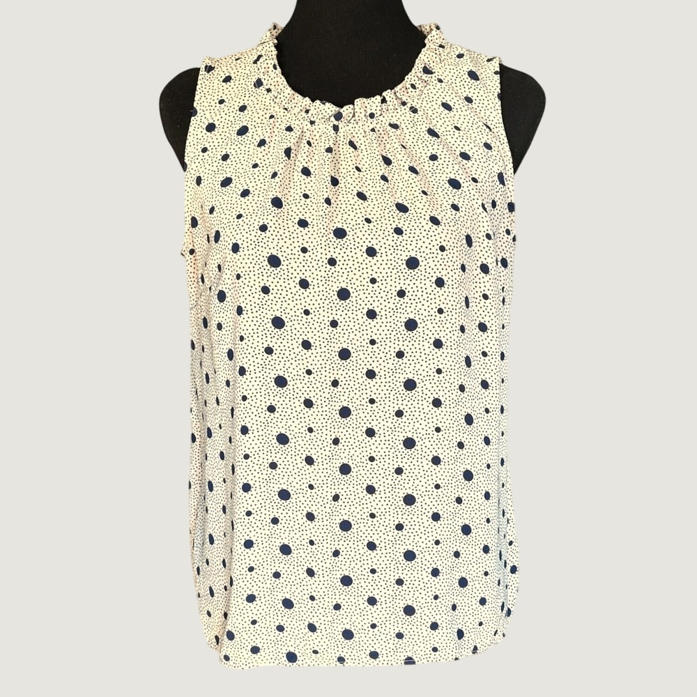 Talbots Pink & Navy Polka Dot Sleeveless Ruffle Neck Blouse, Medium, Lightweight